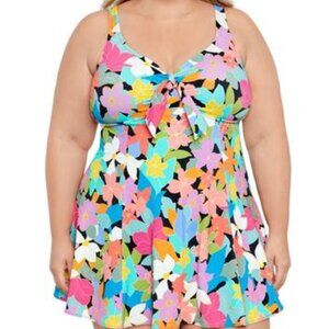 Swim Solutions Plus Size Tummy Control Bow-Front Printed Swimdress